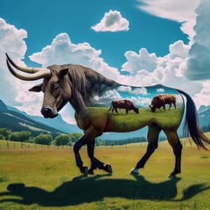 Majestic Bull-Horse Hybrid Creature in Lush Pasture