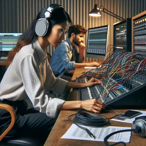 Professional Audio Studio Scene: East Asian Female Audio Engineer Troubleshooting
