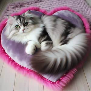 Fluffy Grey and White Cat on Cozy Heart Pillow