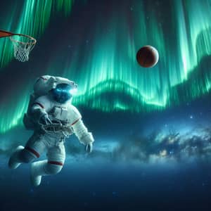Astronaut Shooting Basketball in Cosmic Aurora Borealis