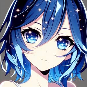 Blue Haired Girl in Anime Style with Twinkling Starry Eyes