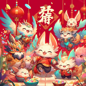 Lunar New Year Celebration | Joyful Fantasy Creatures | Chinese Art