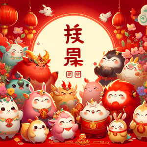 Lunar New Year Celebration with Whimsical Creatures | Digital Painting