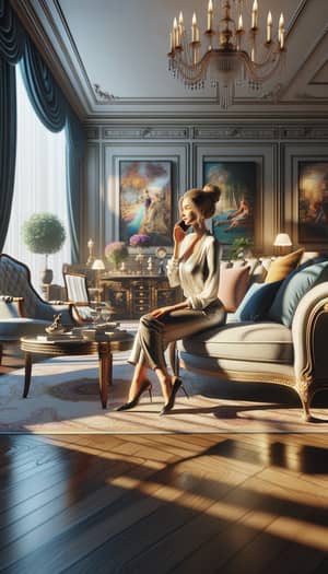 Contemporary Woman in Opulent Living Room - 3D Animation Style