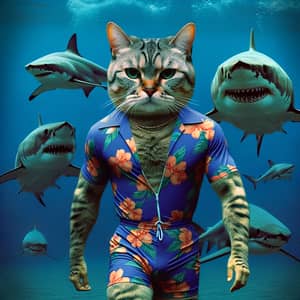 Boss Cat in Floral Swimsuit Vs. Menacing Sharks Under the Sea