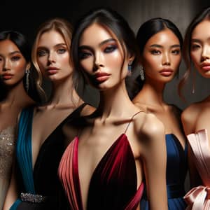 Diverse Group of Women in Vibrant Evening Gowns | High-Fashion Editorial Style