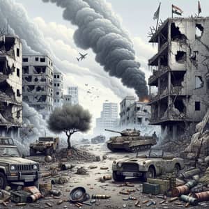 War Environment Illustration: Ravaged Cityscape & Symbols of Hope