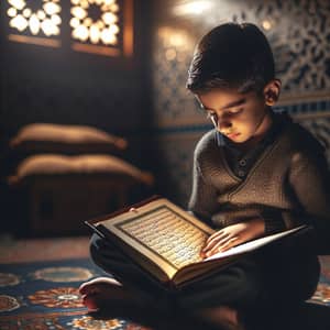 Middle-Eastern Boy Reading Qur'an in Peaceful Traditional Room