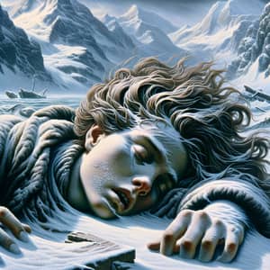 Baroque Style Portrait of Lifeless Woman in Snowy Mountains