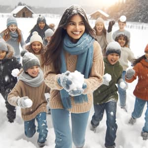 Joyful Snowball Fight with South Asian Woman and Children