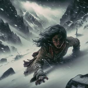 Baroque Style South Asian Woman Battling Snowstorm in Mountainous Terrain