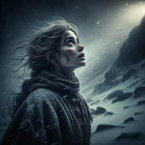 Baroque-Style Portrait of a Hopeful Yet Weary Woman in Chilling Mountain Snow