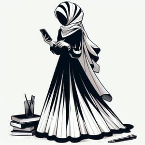 Freelance Muslim Woman in Long Dress with Cell Phone and Books