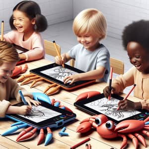 Playful Children Drawing on Crab-Shaped Tablets