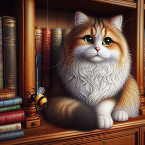 Ginger and White Domestic Cat with Green Eyes on Bookshelf