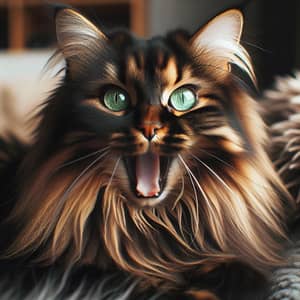 Stunning Espresso Brown Domestic Long-Haired Cat in Mid-Yawn