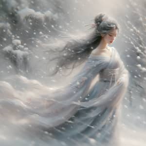 Chinese Woman in Winter Wonderland - Brushstroke Oil Painting