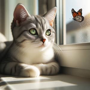 Gray and White Domestic Cat Watching Butterfly | Sunlit Scene