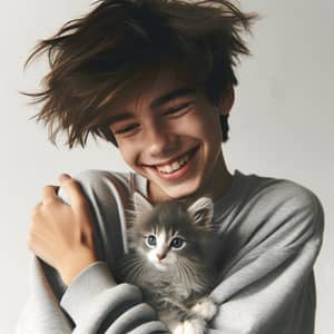 Teenage Boy Embracing Grey Kitten | Expressing Love and Friendship