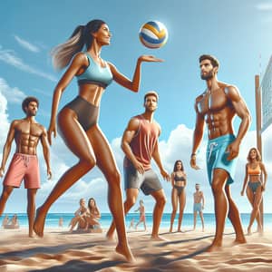 Sunny Beach Volleyball Match with Diverse Players
