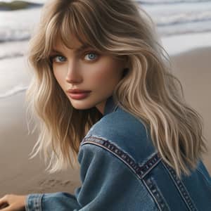 Blonde Woman in Denim Jacket Relaxing on Beach