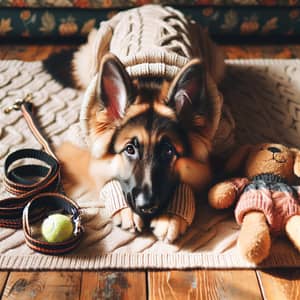 Cozy German Shepherd in Sweater with Leash, Harness, & Toy