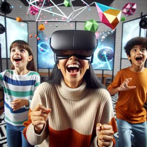Virtual Reality Experience: Joyful South Asian Woman & Kids