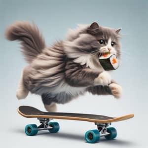 Skateboarding Cat Enjoys Sushi Adventure