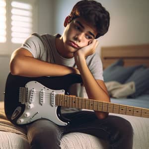 Hispanic Teenage Boy Practicing Guitar on Bed | Music Passion