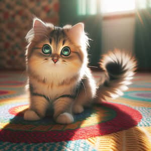 Adorable Domestic Cat with Striking Green Eyes on Bright Patterned Carpet