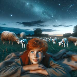 Young Shepherd Boy with Red Hair Under Starry Night Sky