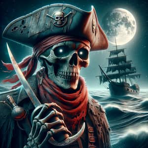 Pirate Skeleton with Cutlass and Treasure Map at Moonlit Shipwreck