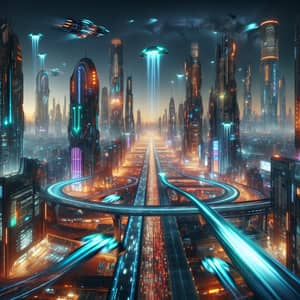Futuristic Cityscape Nightfall: Cyberpunk Metropolis Energy