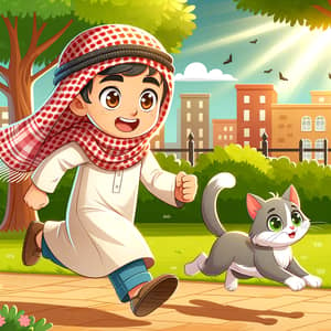 Middle-Eastern Boy Chasing Cat in Park
