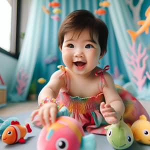 Adorable Asian Baby Girl Playing Joyously with Colorful Fish