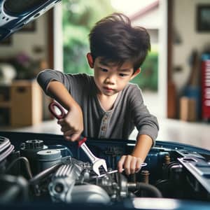 Young Asian Boy Repairing Car - Expertly Using Tools