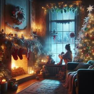 Cozy Christmas Room with Roaring Fireplace and Festive Decor