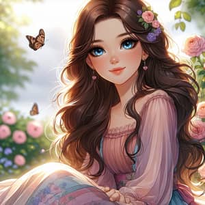 Serene South Asian Girl in Lavender and Peach Dress Surrounded by Roses and Butterflies