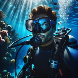 Professional Hispanic Male Diver in Navy Blue Scuba Suit Under the Sea