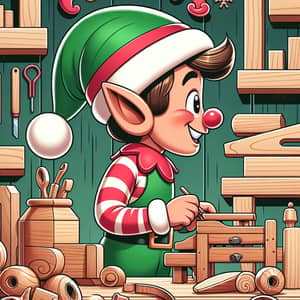 Cartoon Christmas Elf Carpenter Creating Wooden Toys