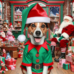Dog Elf Costume in Santa's Toy Factory - Fun and Friendly Image