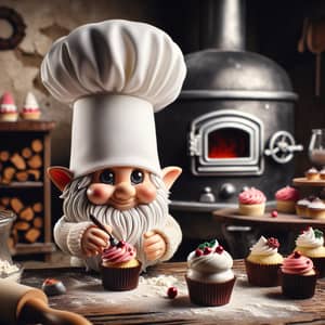 Gnome Chef Decorating Cupcakes in Bakery Scene