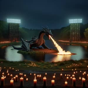 Dark Waterside Scenery with Dragon and Camouflaged Tower