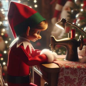 Christmas Elf Sewing in Santa's Workshop - Festive Scene