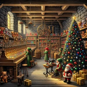 Majestic Toy Workshop Interior: Christmas Tree, Santa, and Elves