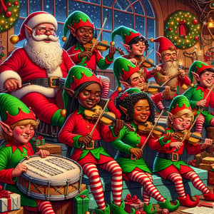 Elf Musicians in Santa's Workshop: Festive and Diverse Harmony