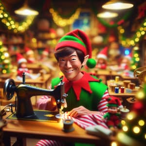 Asian Christmas Elf Sewing in Toy Factory - Festive Holiday Scene