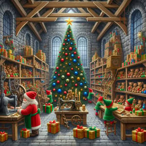 Enchanting Toy Manufacturing Workshop with Santa Claus and Elves