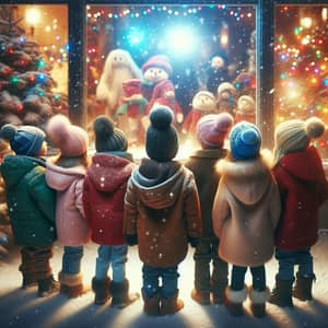 Multicultural Children Gazing at Snowy Christmas Storefront