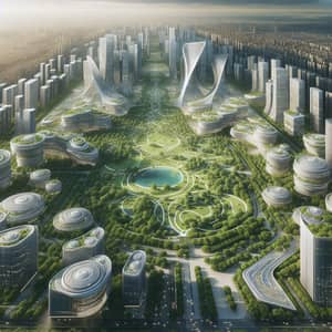 Futuristic Cityscape Surrounding Lush Green Park